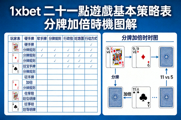 1xbet 二十一點遊戲基本策略表與分牌加倍時機圖解