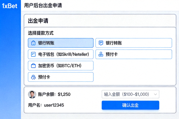 1xbet 用戶後台出金申請頁面截圖，顯示多種提款方式選項